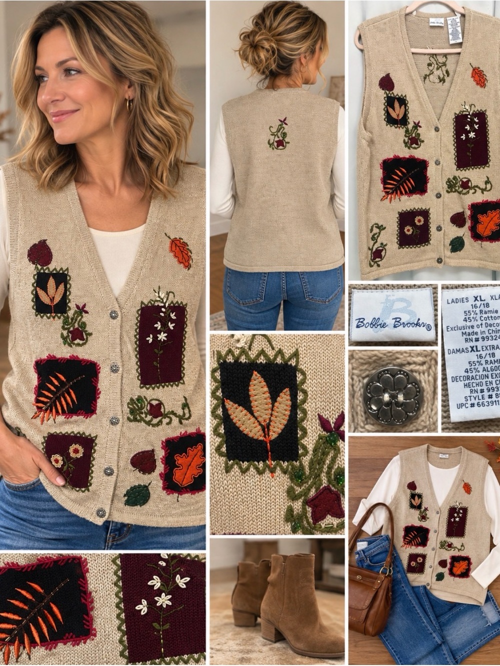 Bobbie Brooks XL Fall Embroidered Applique Sweater Vest Cottagecore - Picture 3 of 4